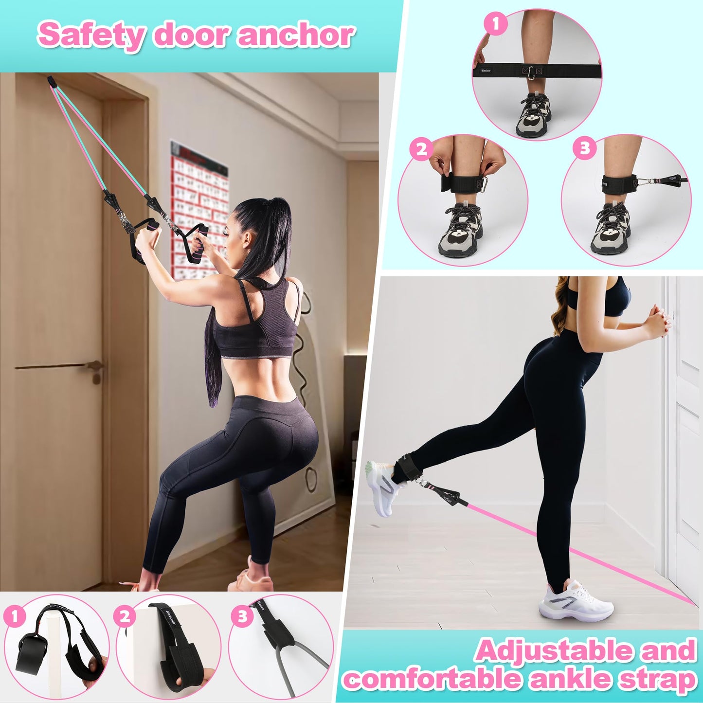 Besloor Resistance Band Set. Exercise Bands with Handles, Door Anchor and Ankle Strap. Home Gym, Supports Full-Body Workouts - with Training Guide and Fitness Video (Pink)