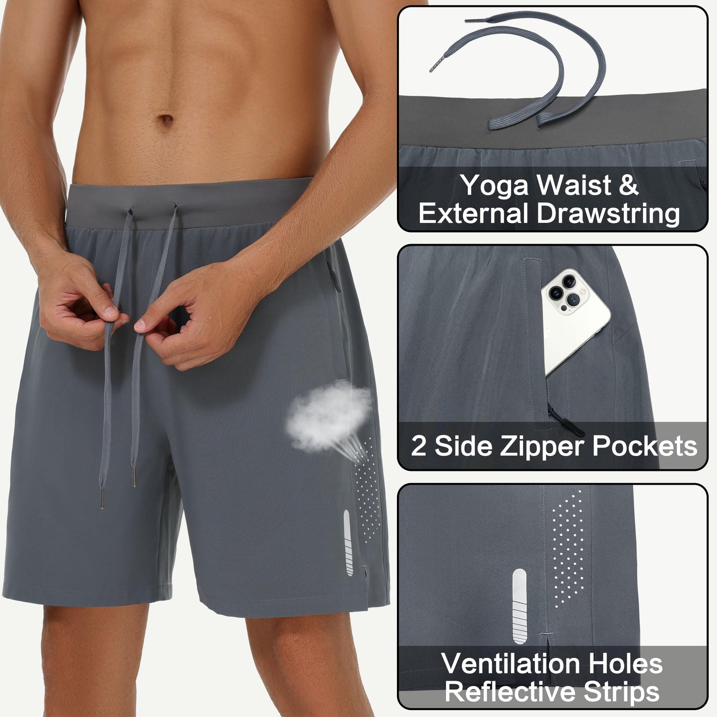 JIM LEAGUE Mens Running Athletic Shorts 7'' Quick Dry Lightweight 3 Zipper Pockets Workout Casual Gym Elastic Waistbad Grey