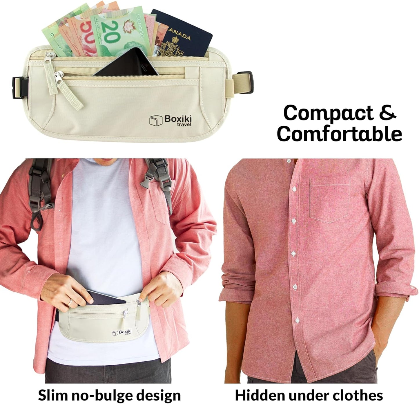 Money Belt for Travel with RFID Blocking Technology - Hidden Travel Money Pouch for Cash, Credit Cards, Passport, and Travel Valuables - Secure Water Resistant Money Belt for Men and Women (Brown)