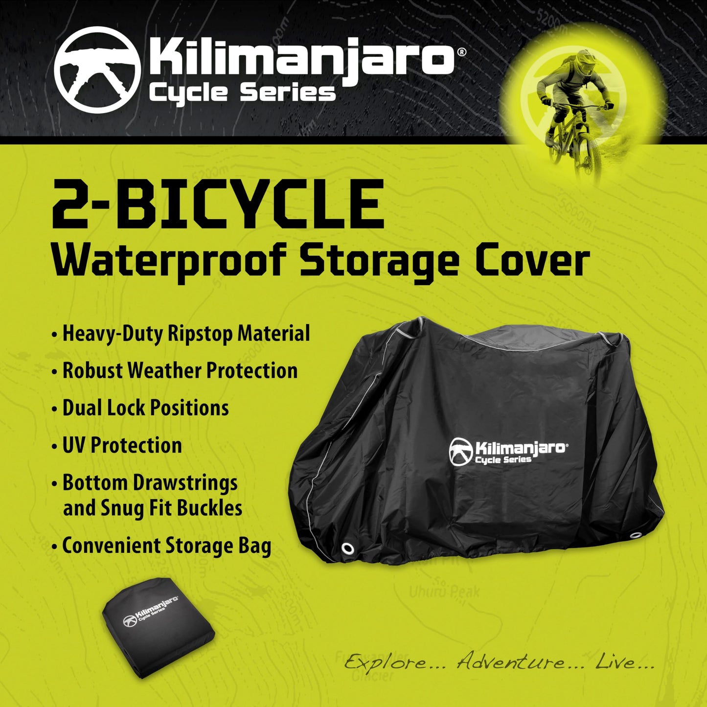 Kilimanjaro Bicycle Cover for 2 Bikes – Heavy Duty Ripstop Outdoor Bike Storage with UV Protection, Dual Lock Positions, Drawstrings & Buckles – Includes Storage Bag – 910536ECE