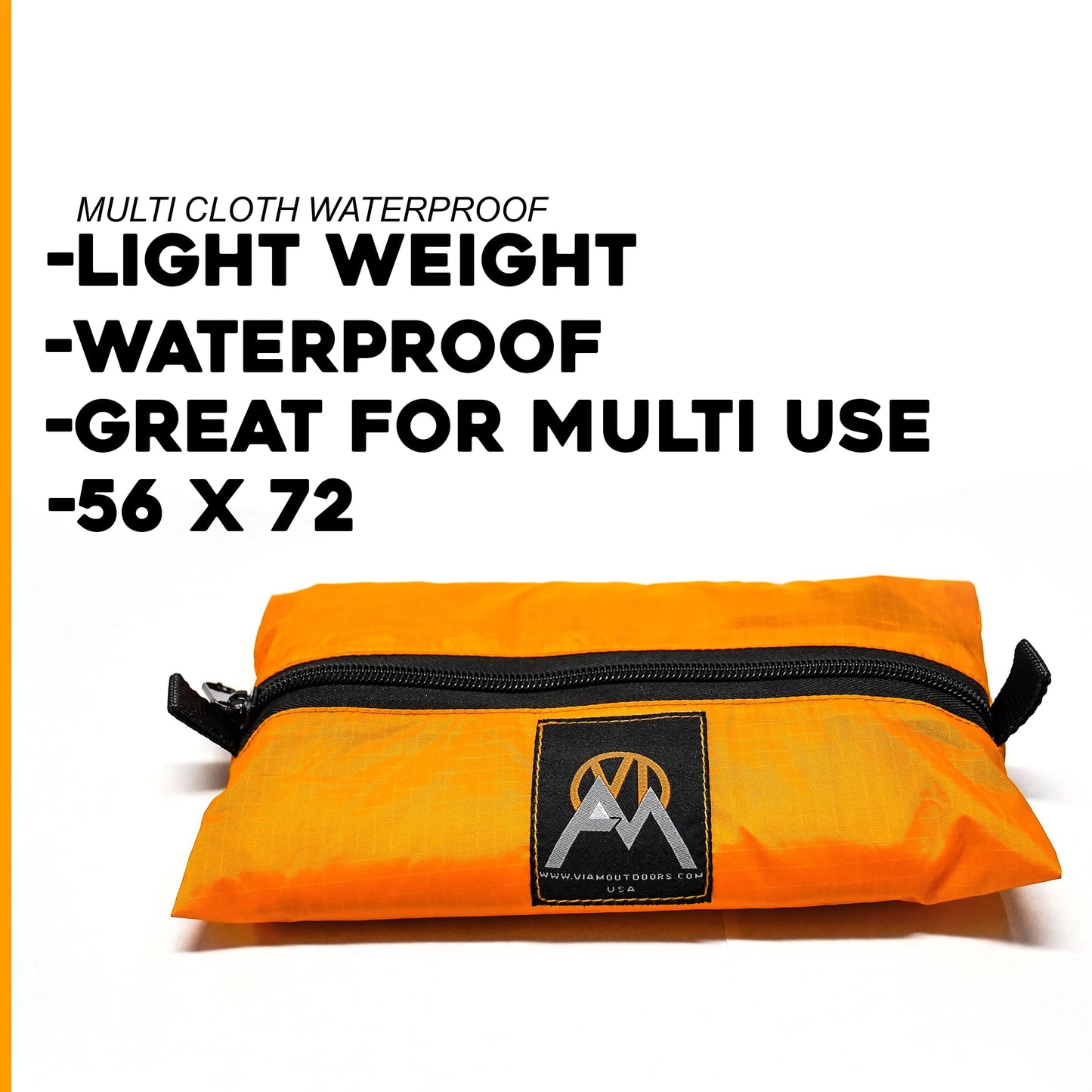 VIAM Outdoors | Multi Cloth Waterproof Ultralight Lightweight Backpacking Camping and Survival Tarp | 1.9oz Orange | Measures 54 inches by 72 inches | has Stake Loops and Guy line Loops