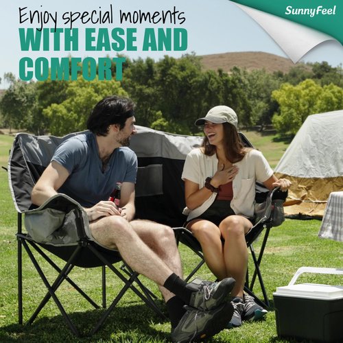 SunnyFeel Folding Double Camping Chair, Oversized Loveseat Chair, Heavy Duty Portable/Foldable Lawn Chair with Storage/Cooler for Outside/Outdoor/Travel/Picnic, Fold Up Camp Chairs for Adults 2 People