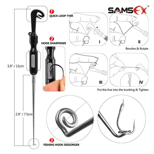 SAMSFX Fishing Stainless Steel Hook Tier, Knot Tying Tool, Loop Tyer, Hook Remover and Zinger Retractors Combo (Hook Tier with Black Grip)