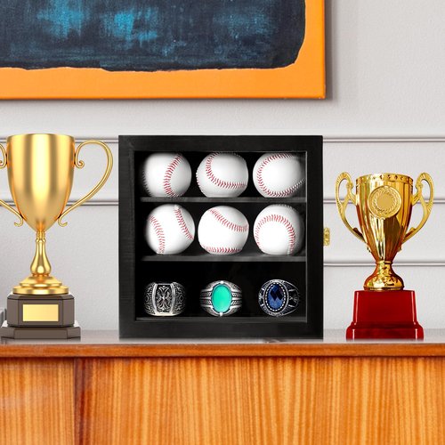 Baseball Display Case Championship Ring Display Case, Wooden Wall Cabinet with Lock for Collection Autographed Baseball Championship Ring, for Children