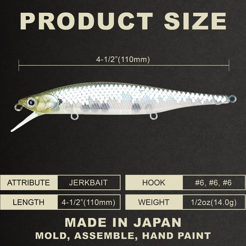 LUCKY CRAFT Lightning Pointer 110SP Fishing Lures, 4-1/2” Suspending Jerkbait Bass Lure, 6ft Depth Hard Bait, Freshwater Trout Lures, Premium Fishing Gear, 272 MS Ghost Minnow