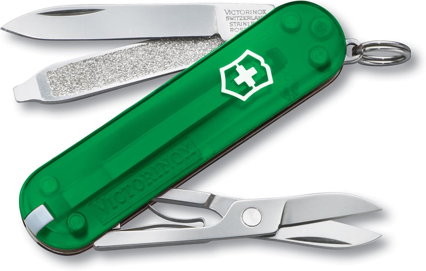 Victorinox Classic SD Swiss Army Knife, Compact 7 Function Swiss Made Pocket Knife with Small Blade, Screwdriver and Key Ring - Emerald