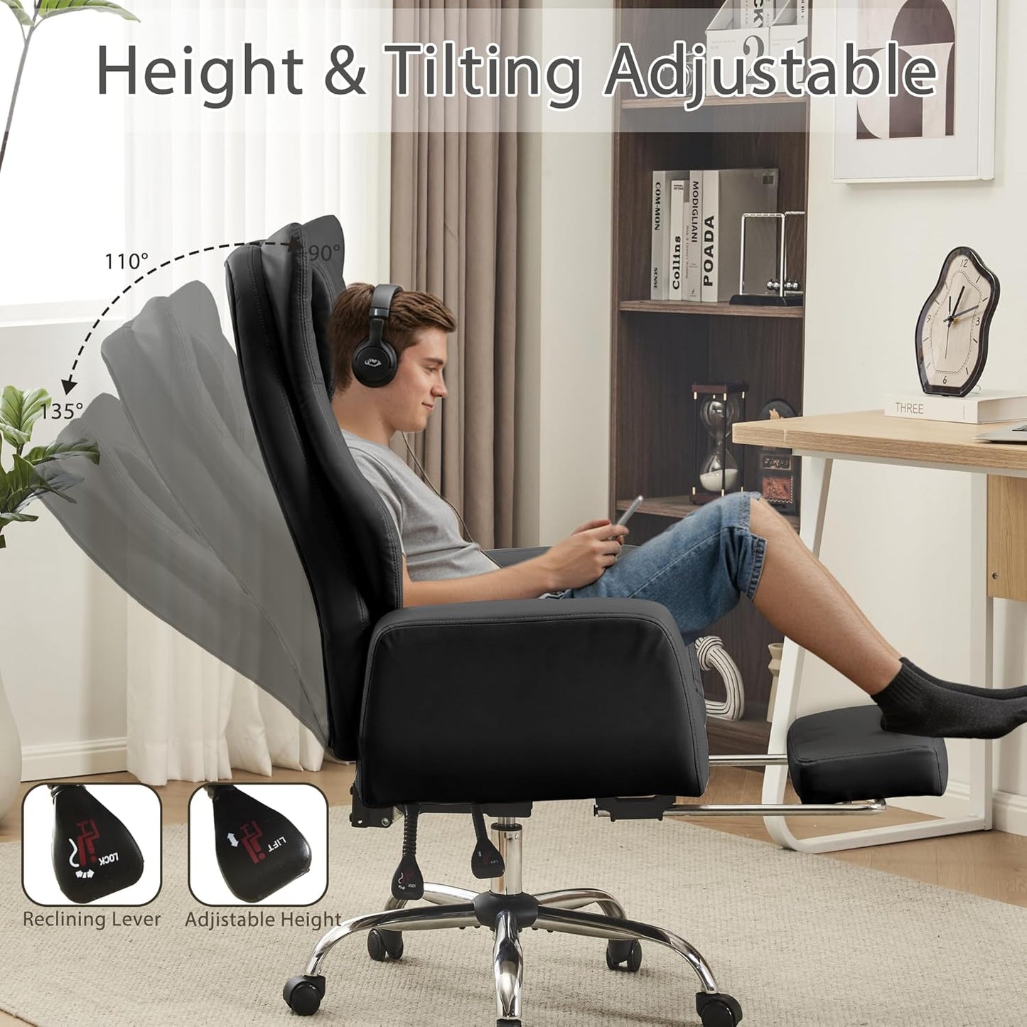 Ergonomic Cross Legged Office Chair with Footrest,Leather Big and Tall Executive Chair with Wheels,Reversible Armrest and Lumbar Pillow,135° Reclining Computer Wide Desk Chair for Home,Office (Beige)