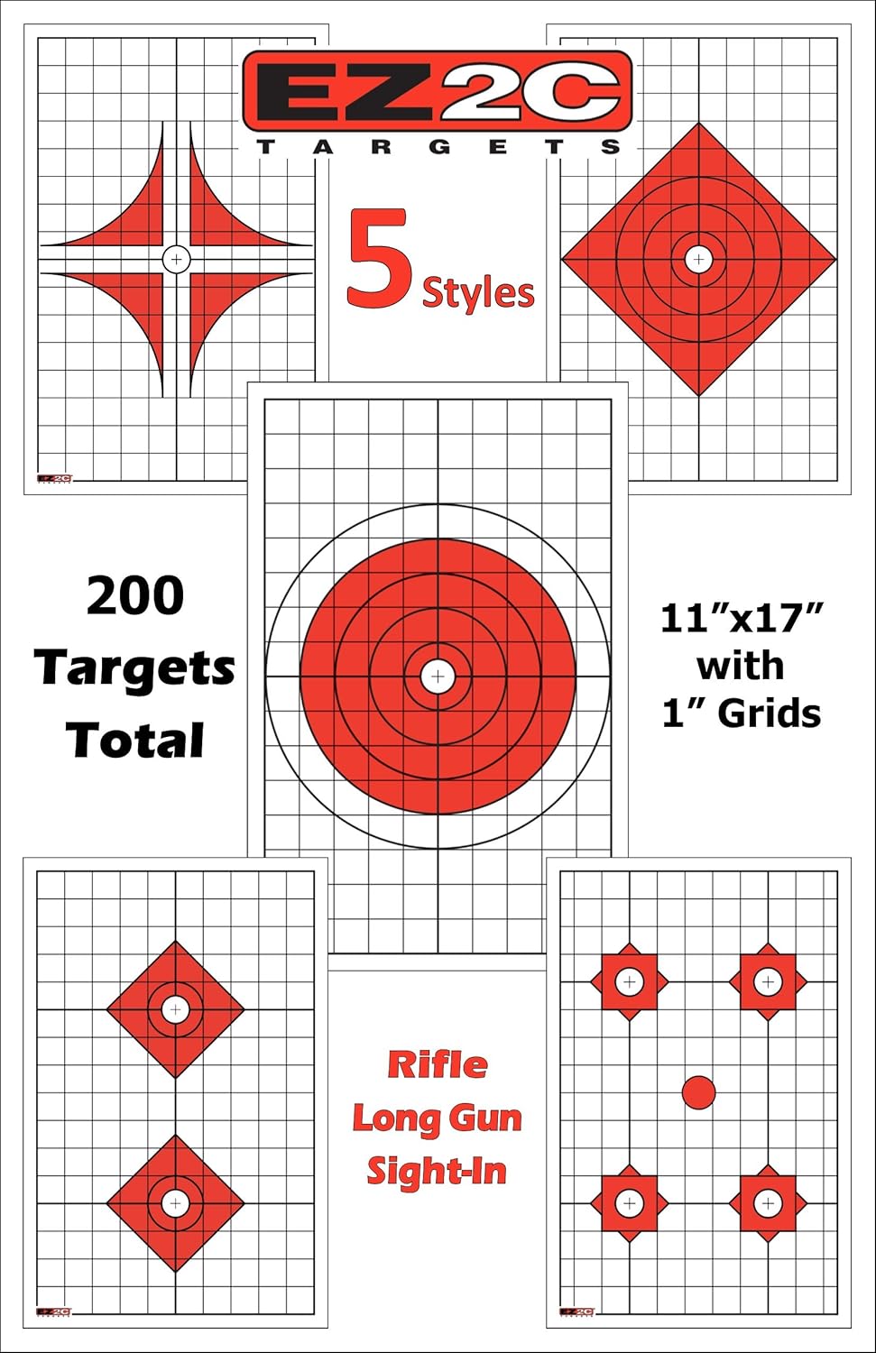 5 Style Gun and Rifle Paper Targets Bundle Pack for Shooting by EZ2C ~ Highly Visible and Bright Game Target ~ for Gun Range or Outdoor Use ~ 11" x 17"