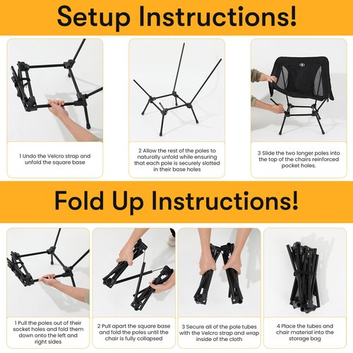 D-LO Ultralight Camping Chair - Black - Upgraded Dual Pocket - High Strength 600D Oxford Fabric - 7075 Aluminum Alloy - Great for Camping, Hiking, Lounging