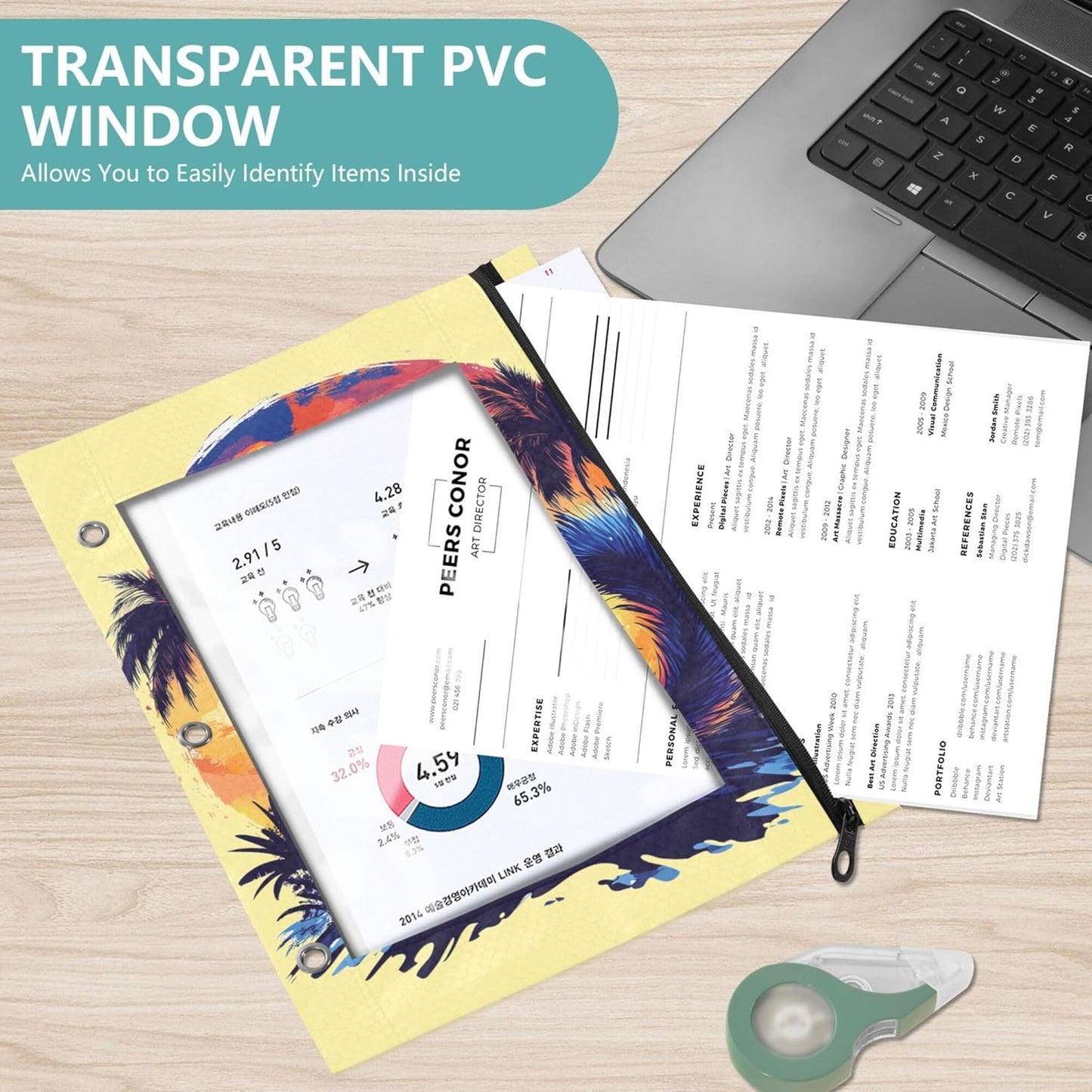 Largemouth Bass Fish 2 Pack 3 Ring Binder Pocket A4 Size Binder Pouches Clear PVC Loose Leaf Folder Sleeves Storage Bags for Files, Documents