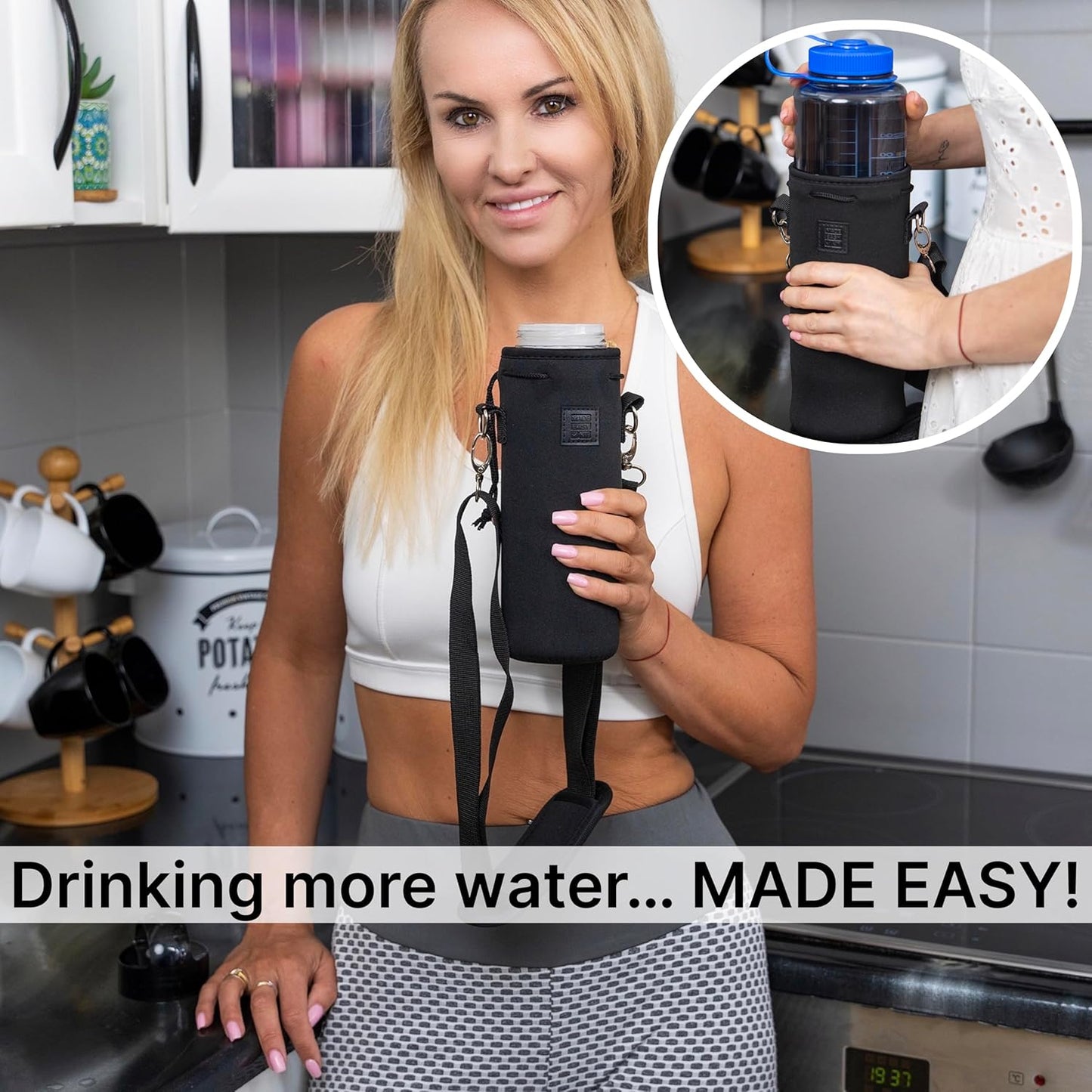 Insulated Neoprene Water Bottle Carrier | Adjustable Sling Pouch | Black, Large