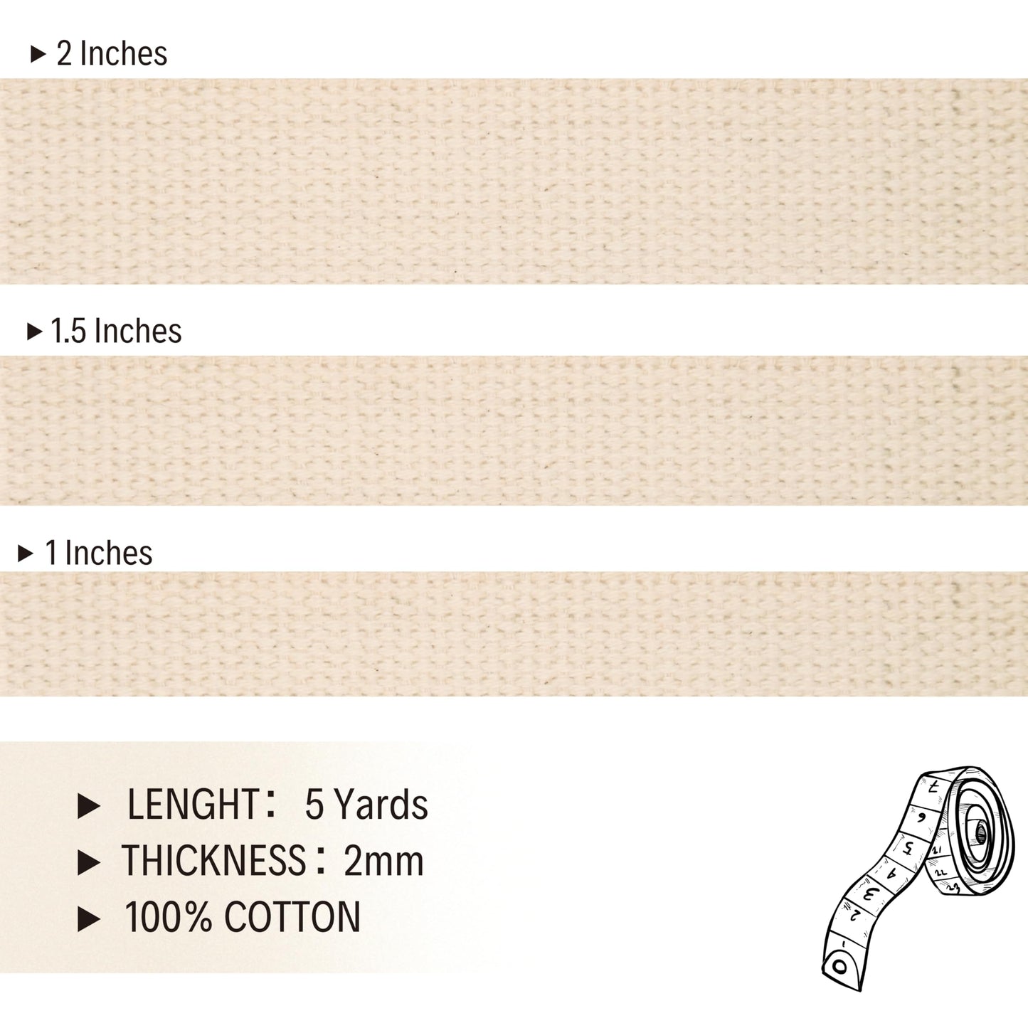 1" & 1.5'' & 2" Cotton Webbing - 5 Yards - 50+ Colors -%100 Natural Cotton - Turkish Woven - Heavy Duty 1 Inch 1.5 Inch 2 Inch Canvas Webbing for Sewing Straps Bag Climbing Indoors Craft DIY 11592