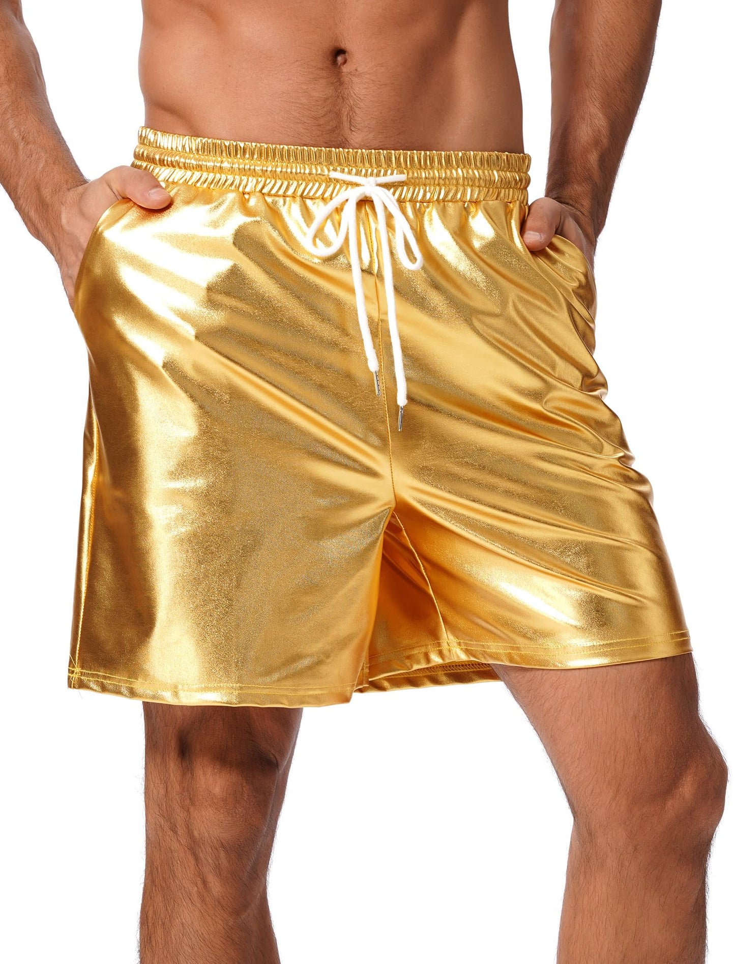 ABAFIP Men's Shiny Metallic Shorts Drawstring Sparkly Dance Hot Pants Disco Rave Party Outfit with Pockets Gold X-Large