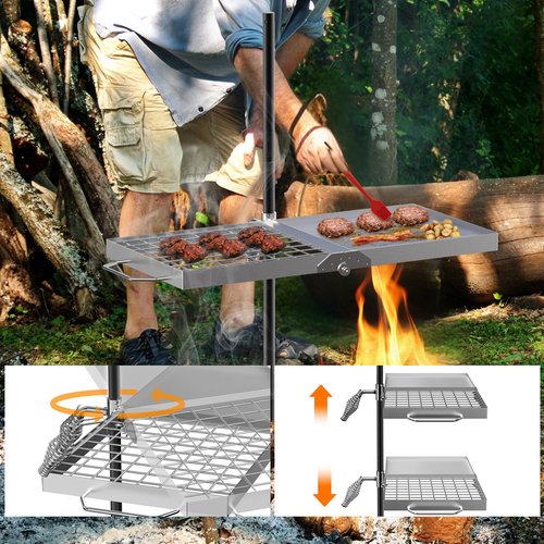 Skyflame Swivel Campfire Grill, Stainless Steel Folding Camping Grill Grate and Griddle with Carrying Bag, Portable Outdoor Cooking Equipment for Open Flame Fire Pit, Backpacking, Camping
