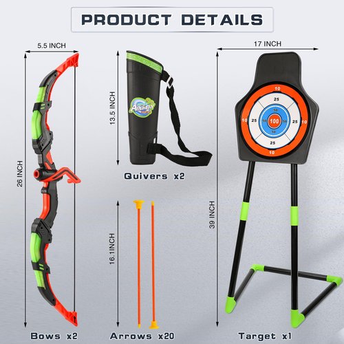 Archery Toy Set for Kids, LED Light Up Bow and Arrow Set with 10 Suction Cup Arrows, Standing Target & Quiver, Indoor Outdoor Games Stuff for Boys Girls Children Aged 3-12 Year Old