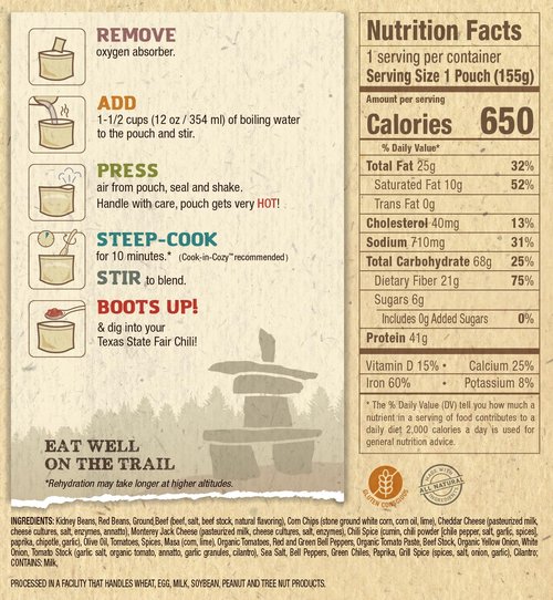 Packit Gourmet Texas State Fair Chili | Premium Freeze Dried Backpacking & Camping Food | Large Portions | High Protein | Real Meat | Just Add Water Meal |All-Natural Ingredients | Made in Texas |Freeze-Dried and Dehydrated Foods