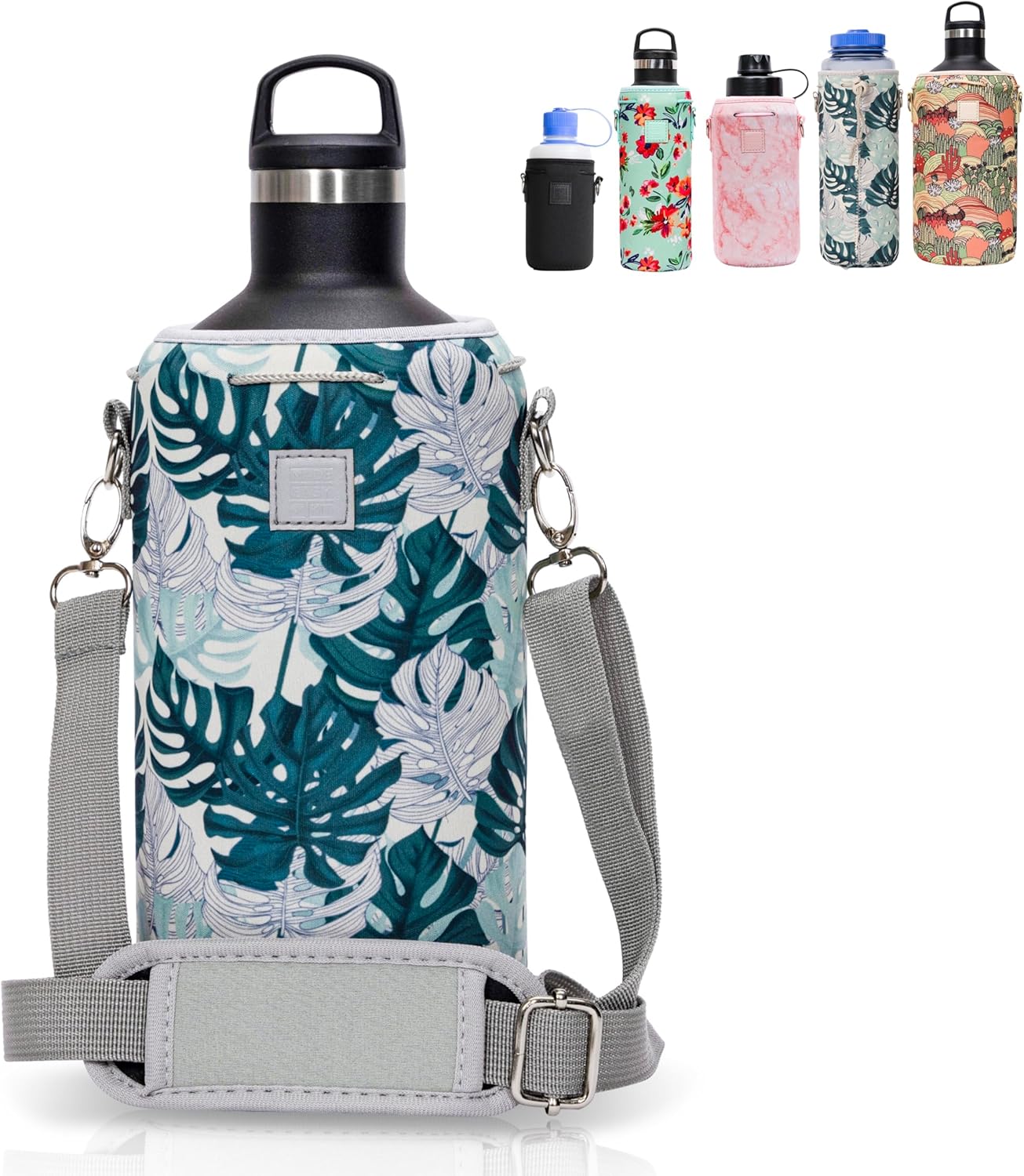 Insulated Neoprene Water Bottle Carrier | Adjustable Sling Pouch | Black, Large
