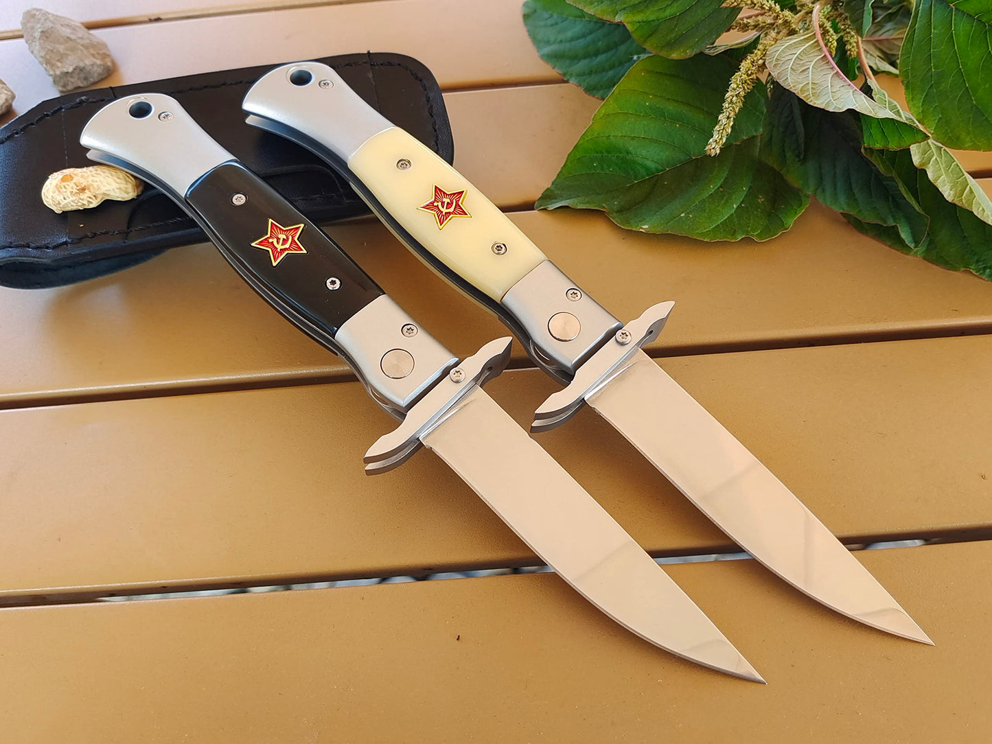 Russian Finka-NKVD KGB Folding Pocket Knife,3.74" Mirror Polished X12M Steel Blade,Aviation Aluminum Inlaid Resin Handle,Cowhide Sheath (Black handle)