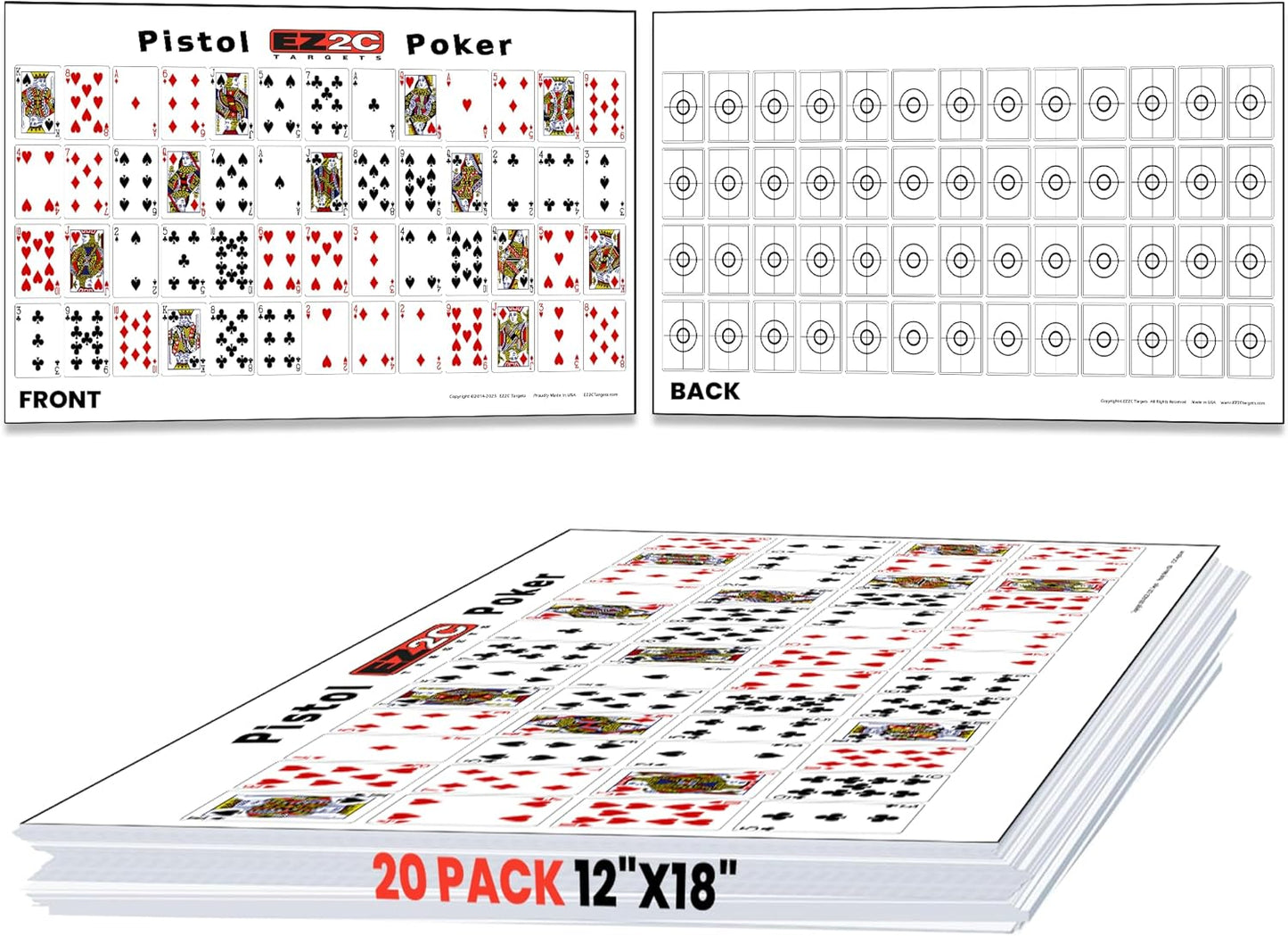 EZ2C paper targets for shooting, sheet of 52 random sorted playing cards range targets - bullseye shooting targets game on back side, both side gun target, 12"x18" (20 pack)