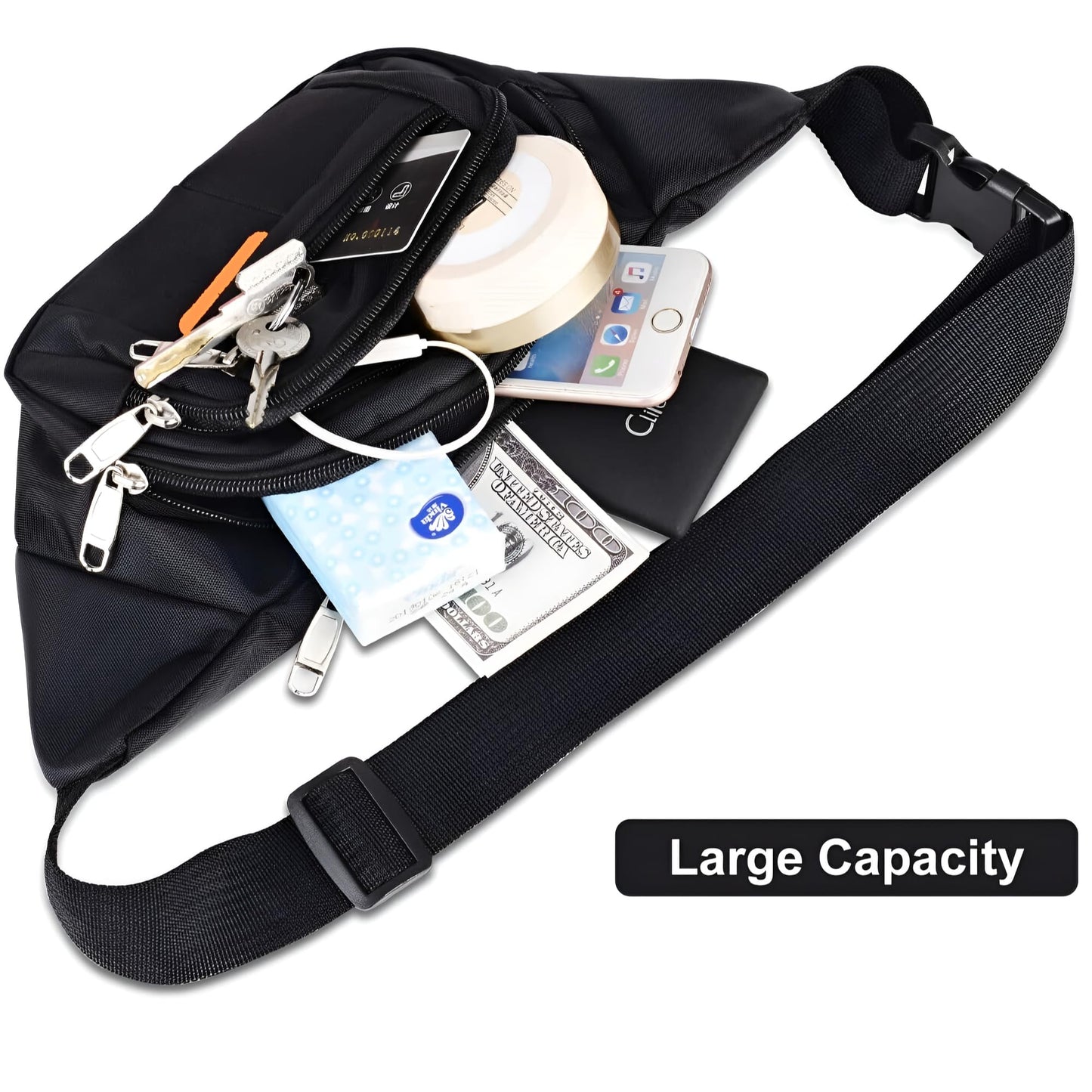 JacobsParts Fanny Pack Large Capacity Water Resistant Travel Waist Bag Men Women Cross Body Shoulder Sling Pouch Running Belt for Travel Running Hiking Jogging Sports (Black)