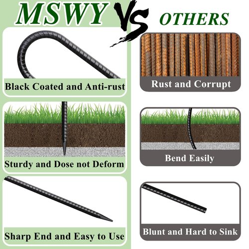 MSWY Rebar Stakes 12 Inch 20 Pack J Hook Ground Stakes Heavy Duty Chain Link Fence Stakes Galvanized Anchors Metal Tent Stakes for Wire Fencing Concrete Forming Trampolines Camping Canopies Shed Swing