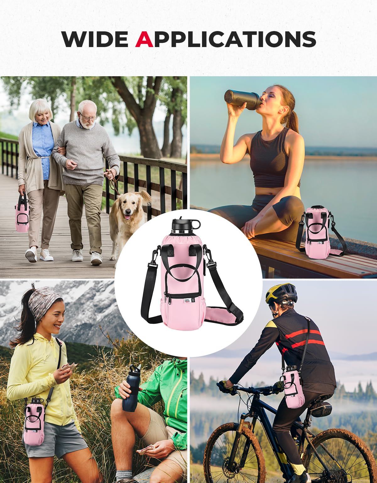 KEMIMOTO Upgraded Dual-Use Water Bottle Holder Bag for 40/30 oz Handle and Non-Handle Tumblers, Water Bottle Carrier Bag with Adjustable Shoulder Strap Carrier and Phone Pocket,30oz Pink