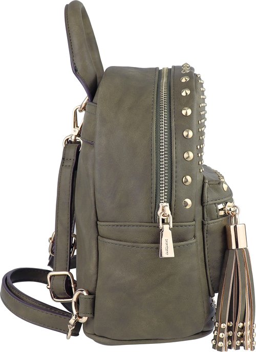 B BRENTANO Vegan Studded Mini Daypack with Tassel Accents (Olive)