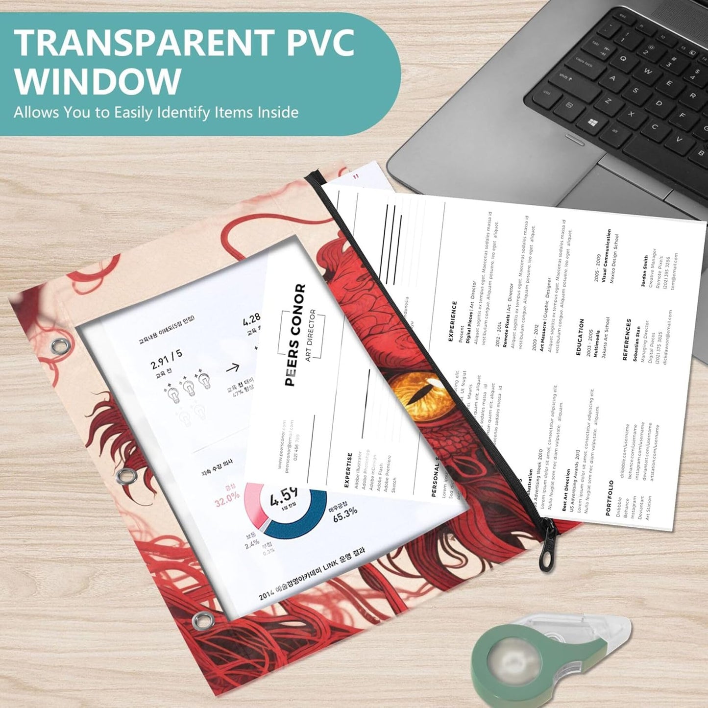 Largemouth Bass Fish 2 Pack 3 Ring Binder Pocket A4 Size Binder Pouches Clear PVC Loose Leaf Folder Sleeves Storage Bags for Files, Documents
