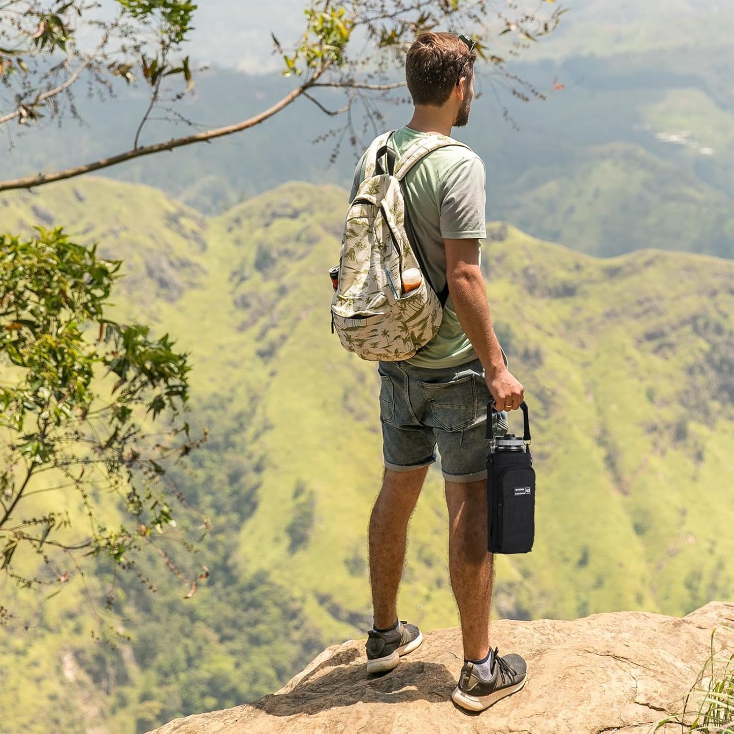 32 oz - 64 oz Black Neoprene Bottle Holder with Strap and Pocket for Walking, Travel and Hiking