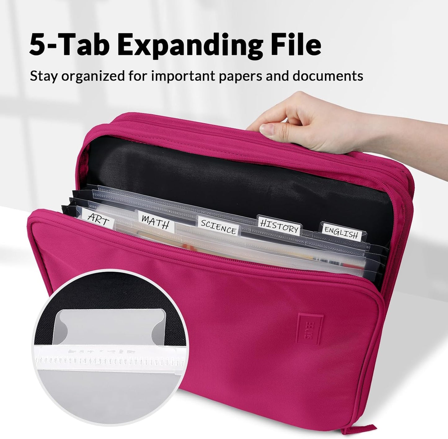 SUNEE Zippered Binder Bag with Handle, 2-Inch 3-Ring O-Ring, 500-Sheet Capacity, Includes Zip Pocket, 5-Tab Expanding File Folder, Multi-Pocket Organizer Binder for Middle School, Pink Lotus
