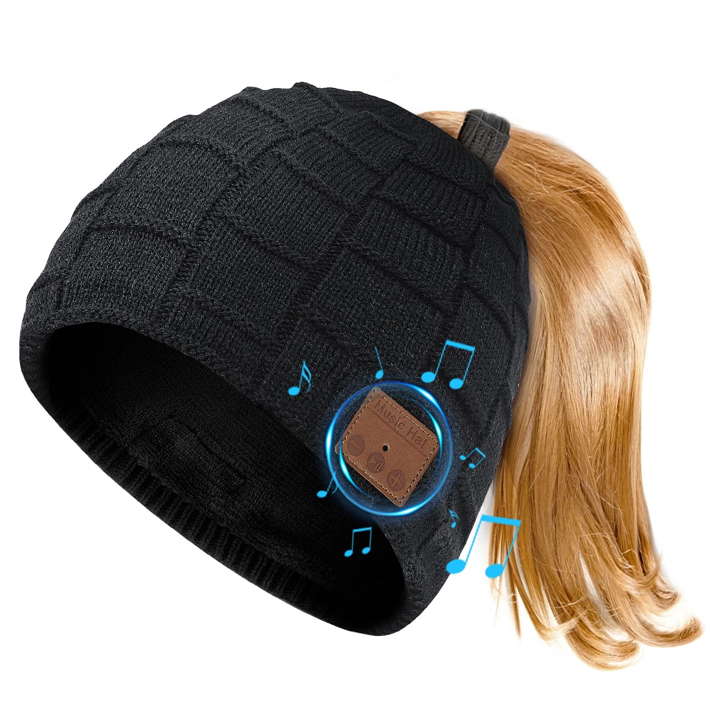 Bluetooth Beanie for Women with Ponytail Hole Wireless Knitted Beanie Hat with Bluetooth Headphones Built in Microphone, Winter Warm Hat Stocking Stuffers Black