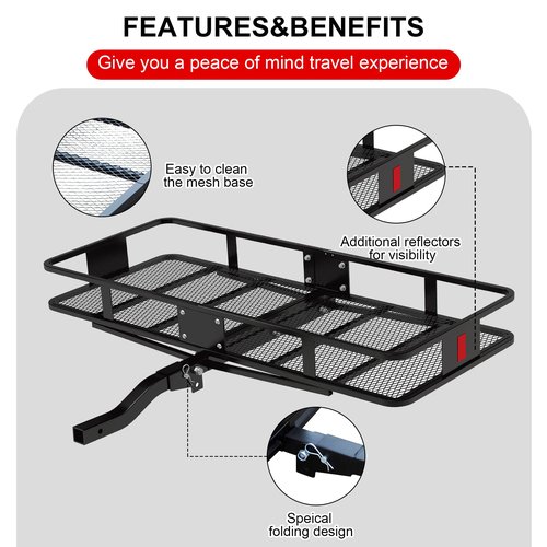 Rockland Steel Folding Hitch Mount Cargo Carrier, 60" x 24" x 6", 500 LBS Capacity, Heavy Duty Trailer Hitch Cargo Carrier, Foldable Hitch Rack Basket, Fits 2" Receiver for Cars SUVs Vans Trailers