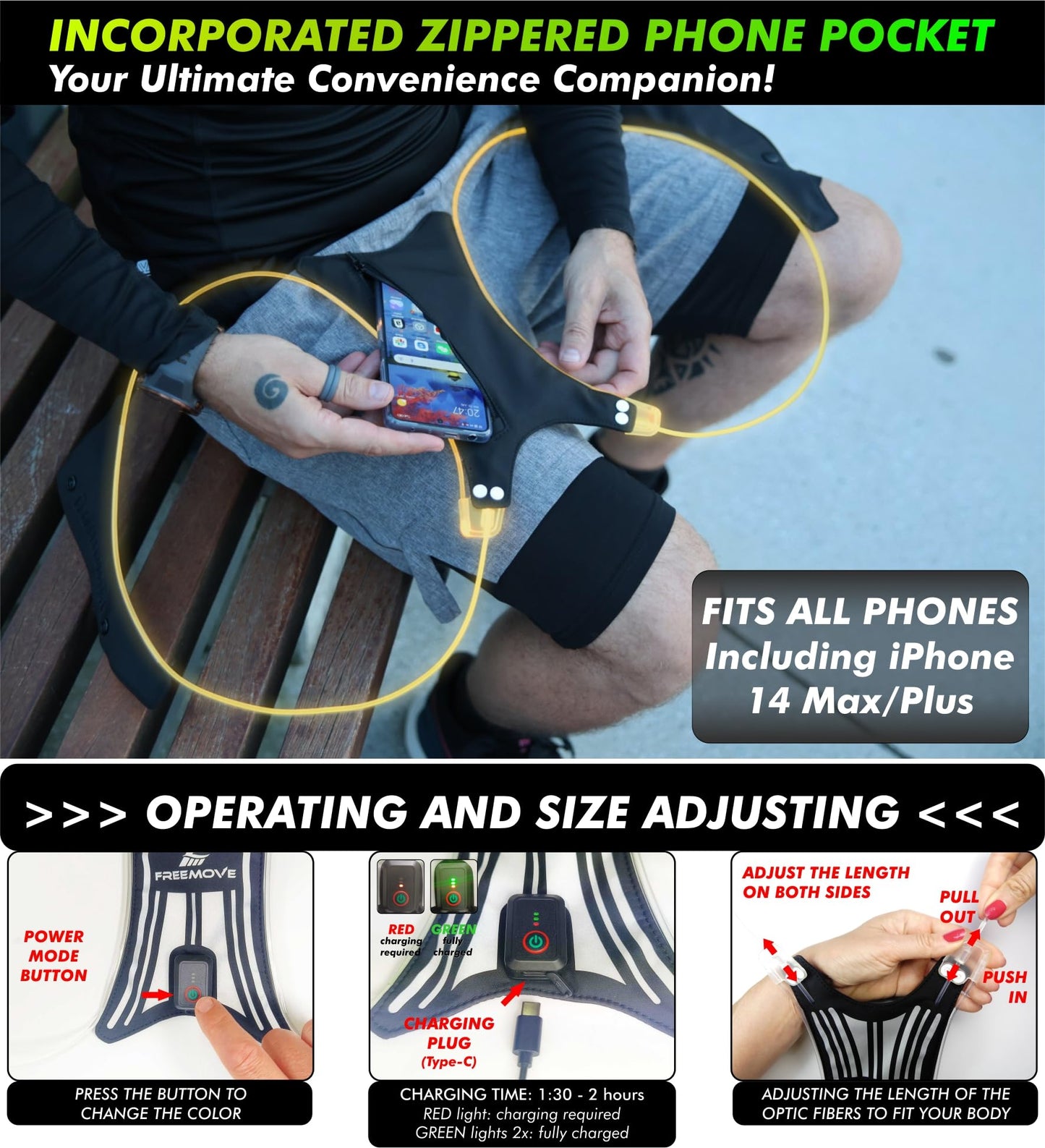 SPIDER Reflective Lighted Running Vest - Optic Fiber Technology, Bright, 360° Visible, Ultralight, Phone Pocket, Fully Adjustable Size XS-3XL - Reflective Running Gear for Safe Night Sports & Walking