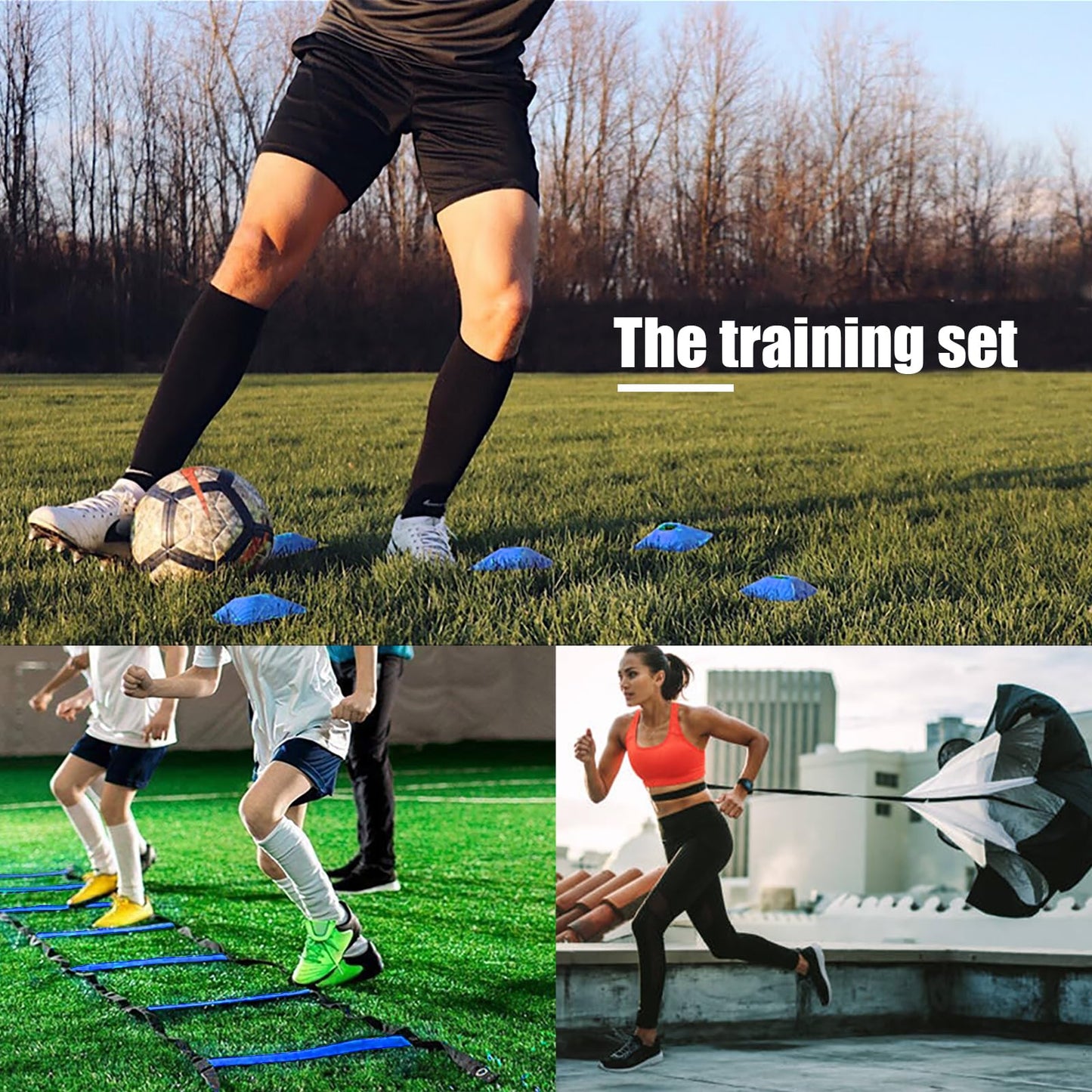 Football Training Equipment | Speed Agility Training Set, Including 1 Agility Ladder, 4 Steel Piles,12 Disc Cones ,1 Resistance Umbrella .| for Athletes/Sports Including Football & Basketball(Blue)