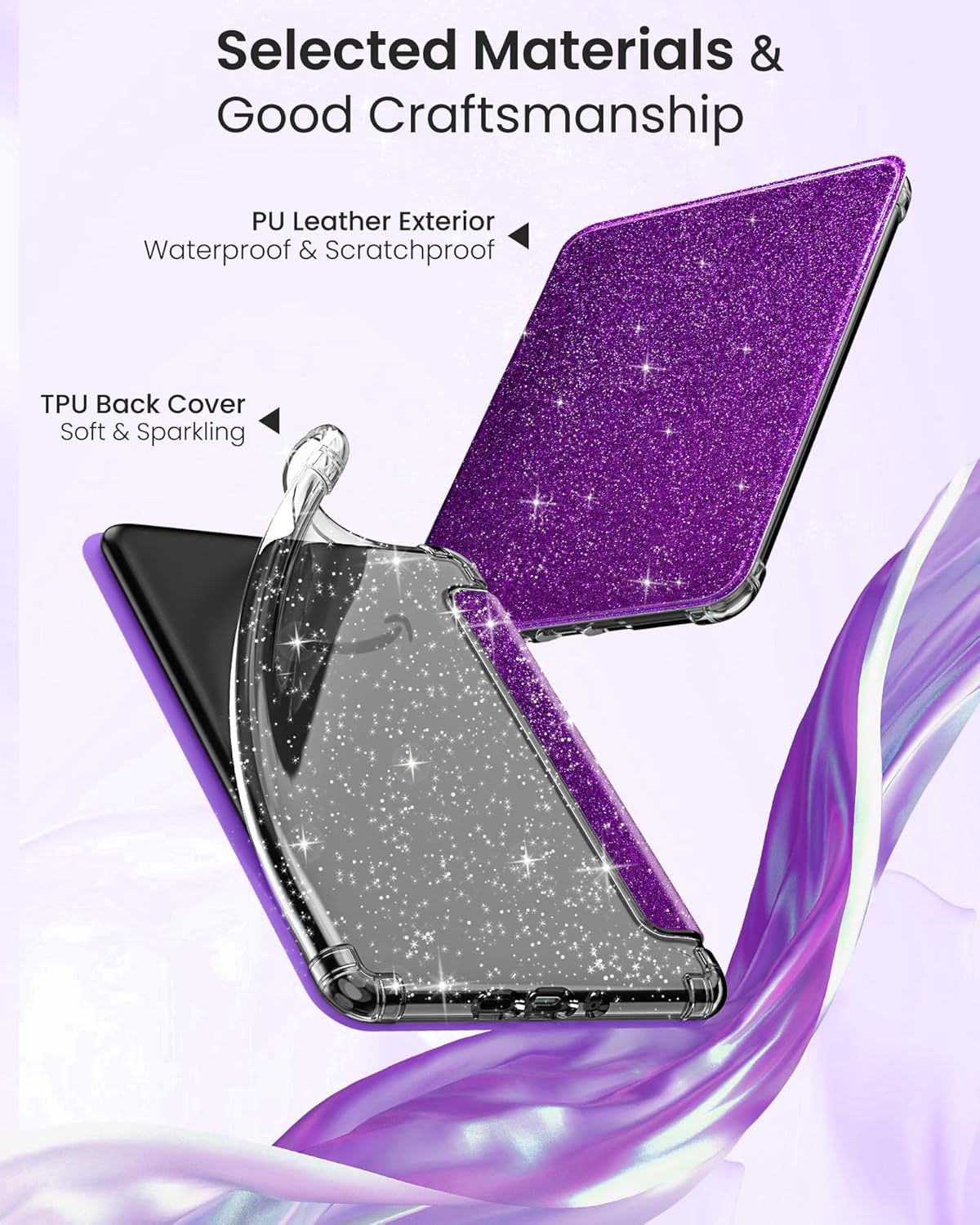 MoKo Case for All-New 7" Kindle Paperwhite 2024 12th Gen&Kindle Colorsoft Signature Edition 2024,Ultra Clear Soft Flexible Glitter TPU Back Cover Light Shell with Auto Wake/Sleep, Glitter Purple