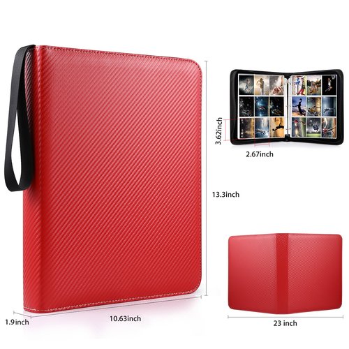 WOT I Trading Card Binder, 900 Pockets Baseball Card Binder Sleeves with Zipper, Double Sided Pockets Card Holder Carry Card Case for Baseball Card, Football Card(Red) WO-CB-9-7
