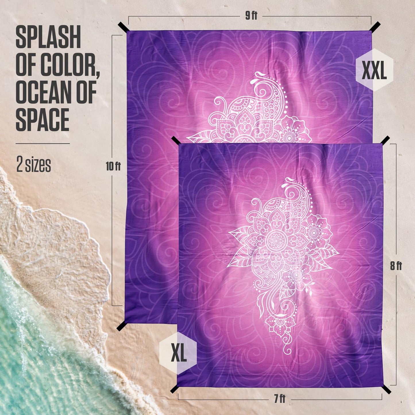 VENTURE 4TH Family-Size Beach Blanket: Sandproof, Waterproof, Lightweight & Compact. Includes Stakes and Carry Bag. 7x8 feet XL Purple Mandala