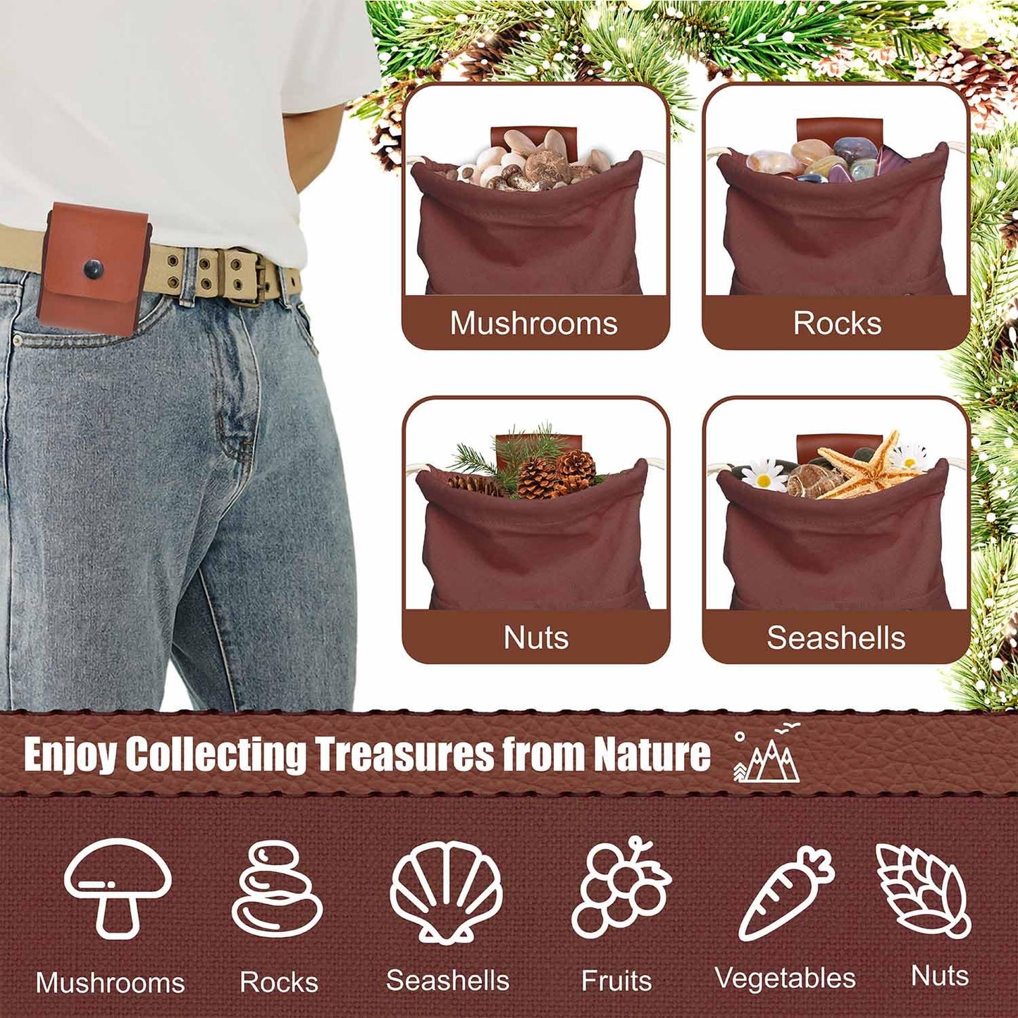 Kingwee Foraging Bag with Front Pockets & Adjustable Shoulder Strap Canvas Foraging Pouch for Hiking, Bushcraft, Wearable Collapsible Belt Bag for Collecting Mushrooms, Rocks (Brown)