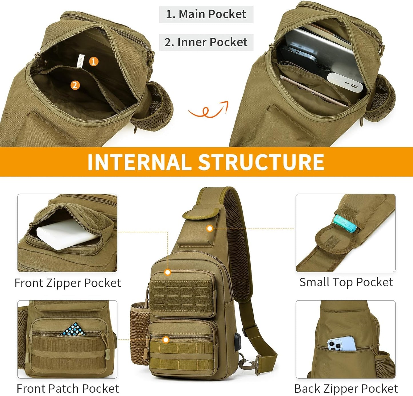 HUNTVP Small Tactical Sling Chest Pack Bag Molle Daypack Backpack Military Crossbody,Type1- ACU Camouflage