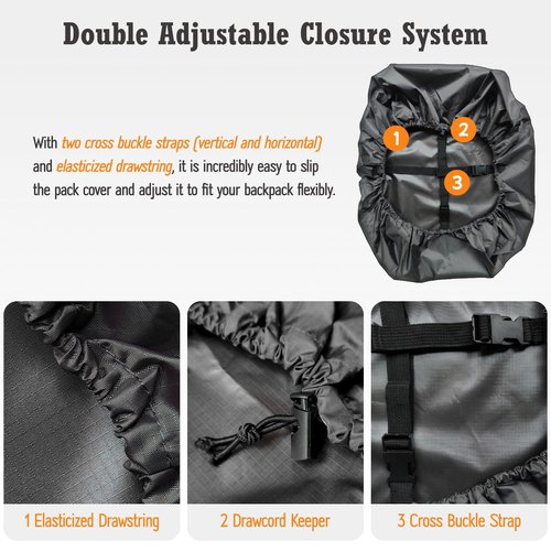 sheelokhwui Waterproof Backpack Rain Cover, Heavy-Duty Nylon Pack Cover with Upgraded Double Adjustable Closure System and a Carry Pouch for Hiking, Cycling, Camping, Outdoor (Dark Gray, XL, 65-90L)