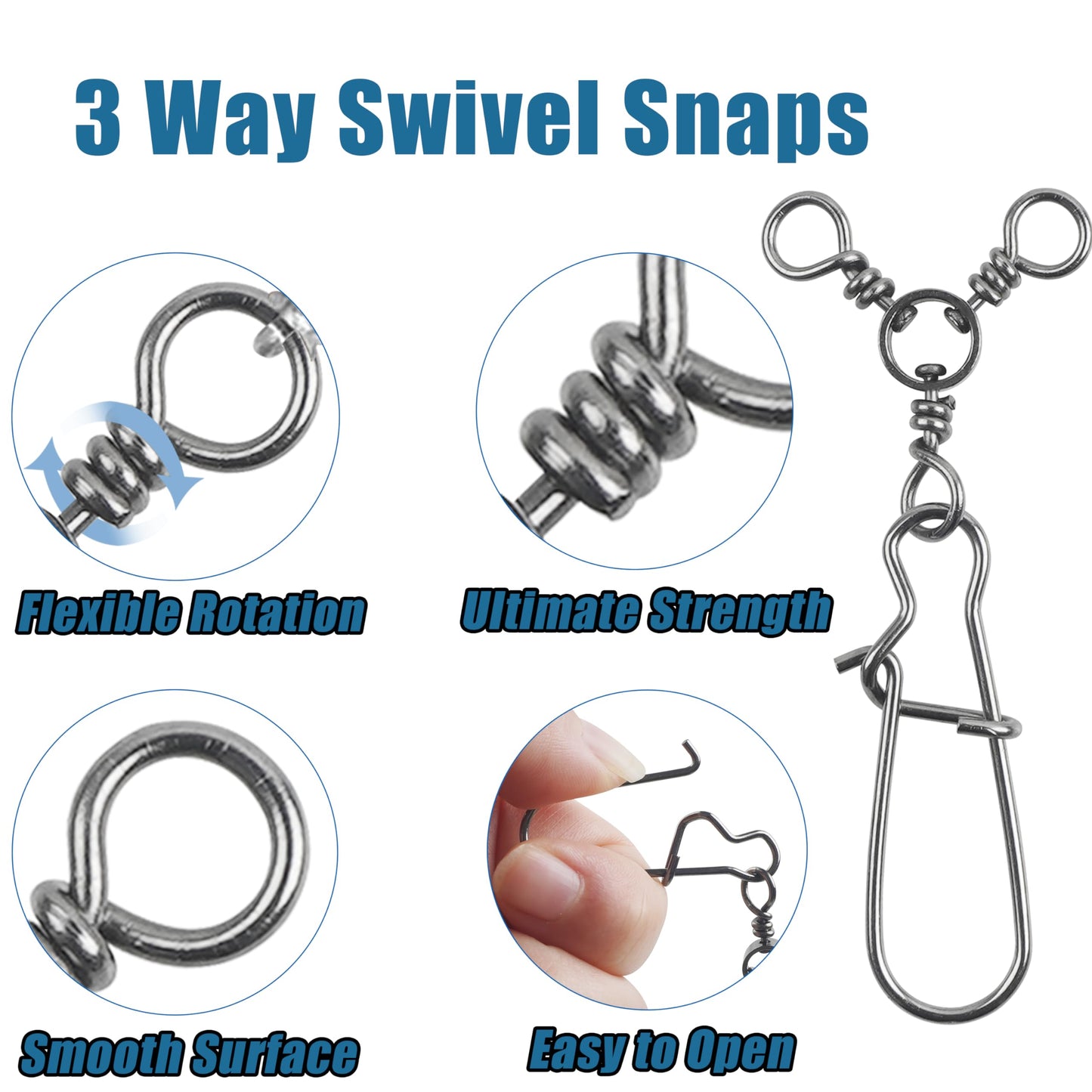 3 Way Snap Swivels 60PCS Fishing Swivel Tackles with Stainless Steel Duo Lock Snaps 26-83LB Round T Shape Fishing Lure Connectors for Saltwater Freshwater Catfish Rig Trolling Line