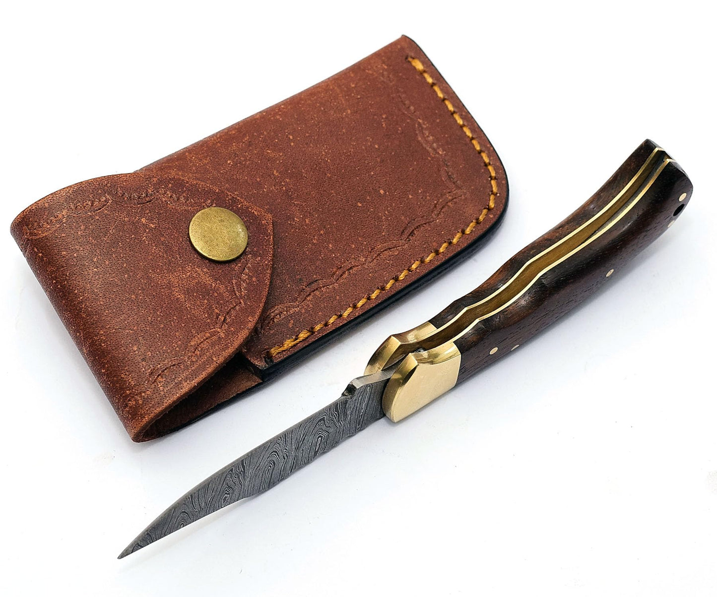 Sky Knives 6.5" Handmade Damascus Steel Folding Hunting Knives For Men, Pocket Knife For Camping, Survival, Skinning And Outdoor Activities With Leather Sheath. (Rosewood)