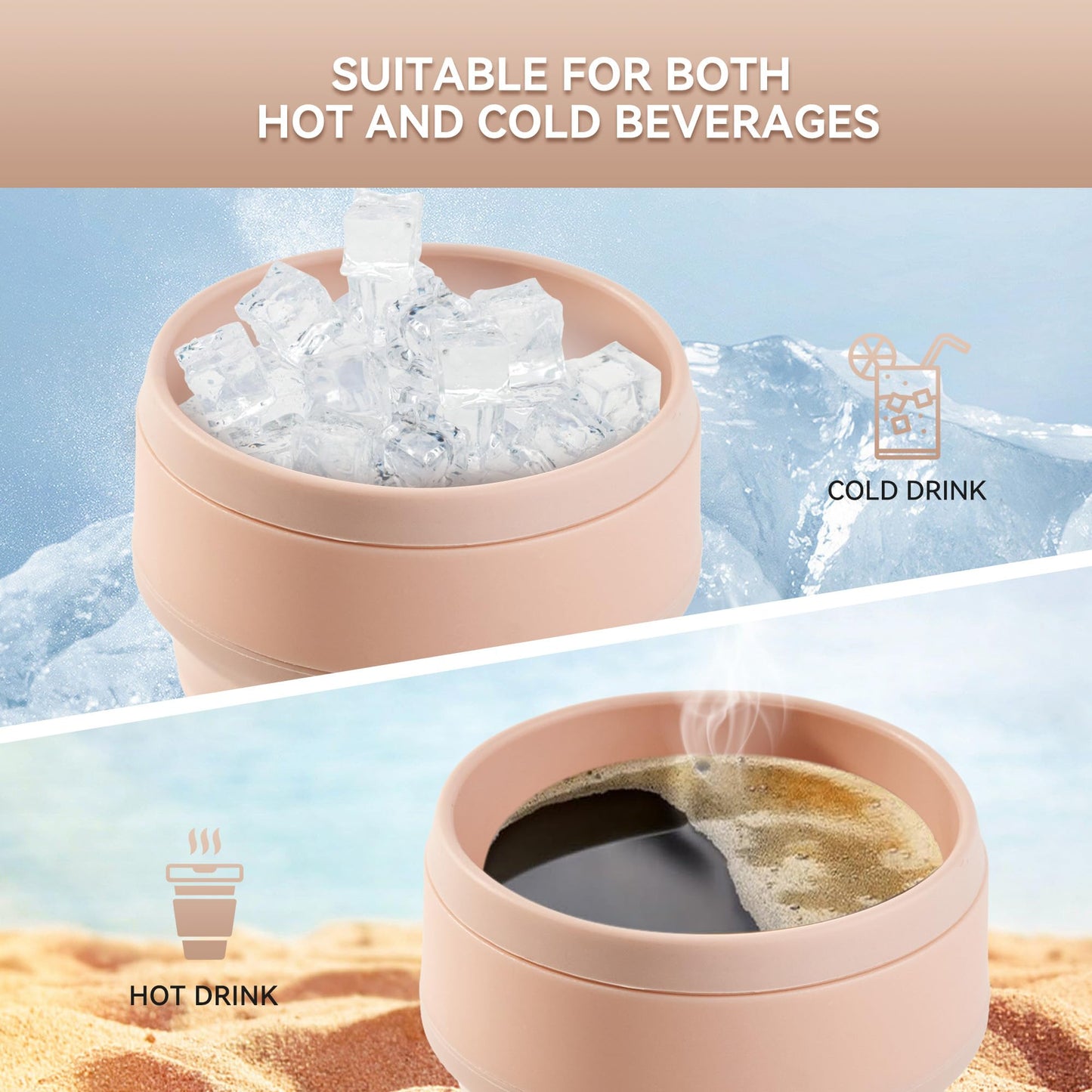 12oz Collapsible Cup for Traveling, Collapsible Silicone Travel Cup for Hot and Cold Drinks, Leak Proof Silicone Folding Travel Coffee Mug for Camping & Hiking, BPA Free Pink