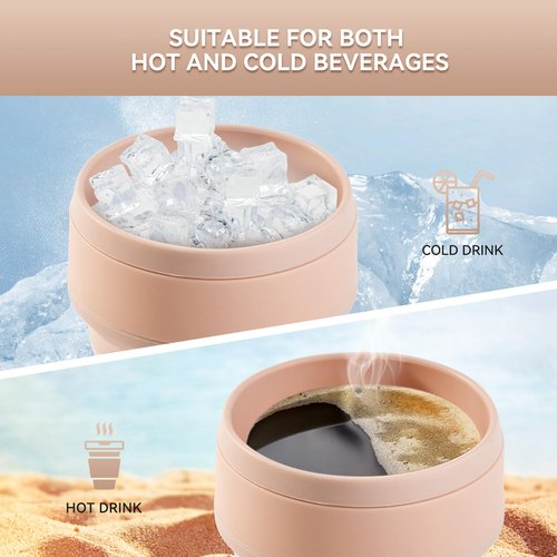 12oz Collapsible Cup for Traveling, Collapsible Silicone Travel Cup for Hot and Cold Drinks, Leak Proof Silicone Folding Travel Coffee Mug for Camping & Hiking, BPA Free Pink