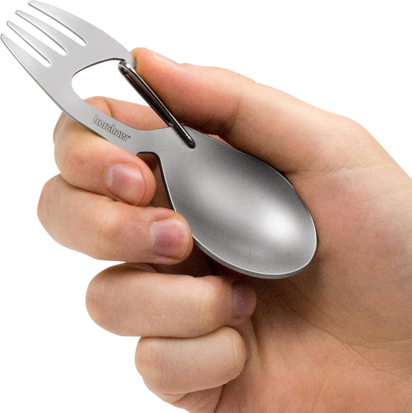 Kershaw Ration Multi Tool Spork, Stainless Steel Spoon, Fork, Carabiner and Bottle Opener, Regular and XL Sizes