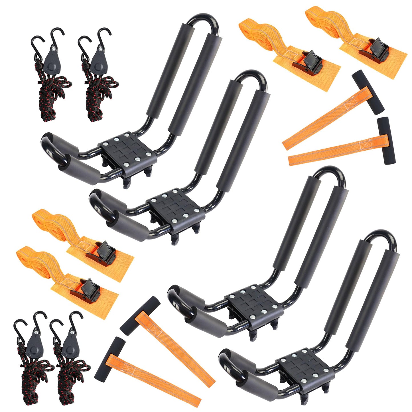 Kayak Roof Rack 2 Pairs Heavy Duty J-Bar Carrier Holder for Canoe, SUV, Cars, Truck, Surf Ski, Tie-Mount on Car Roof Top Crossbar for Trip - Includes 8 Pcs Ratchet, Set of 4
