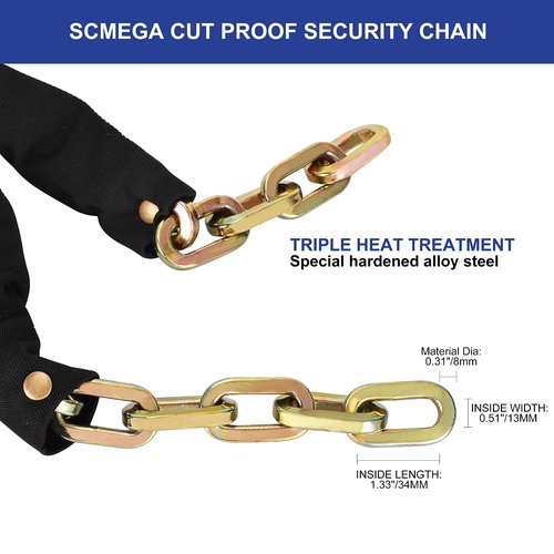 SCMEGA Heavy Duty Security Chain 4ft x 5/16"(8mm) Hardened Alloy Steel Gate Chain,Uncuttable Bike Chain,Thick Square Chain for Anti Theft,Motorcycles,Bicycles,Industrial Property,Valuable Possessions