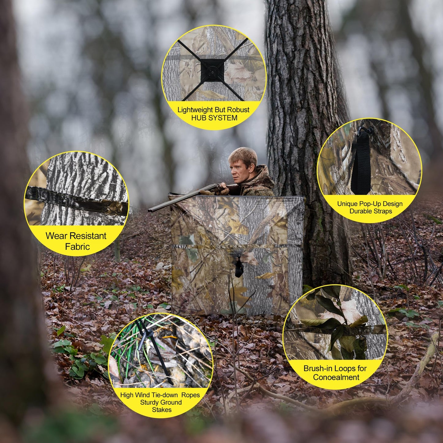 WTVIDAS Hunting Blind for Turkey, 3-Panel Portable Ground Blinds Silent Quick Setup Pop-Up Design for Deer Turkey Duck Hunting Accessory