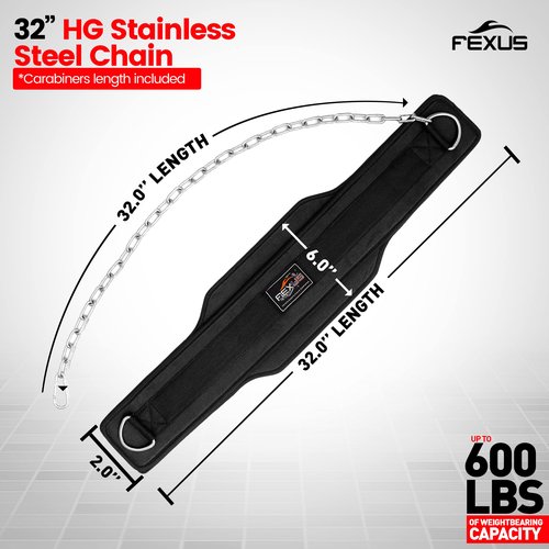 Fexus Dip Belt forWeightlifting, Gym Weight Belt for Men Women- Professional Dip Squat Bodybuilding Heavy Duty Steel Chain Workout Belt with Convenient Neoprene Support (Black)