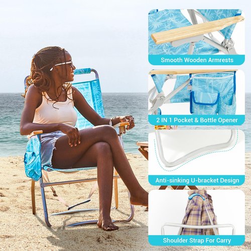 #WEJOY High Back Beach Chair, 4 Position Adjustable Heavy Duty Aluminum Folding Backpack Camping Chairs with Wooden Armrest, Storage Bag & Cup Holders for Outdoor Travel Fishing (Blue White)
